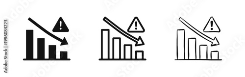 Market Crash and Financial Loss Icon Set - Declining Bar Chart with Warning Sign