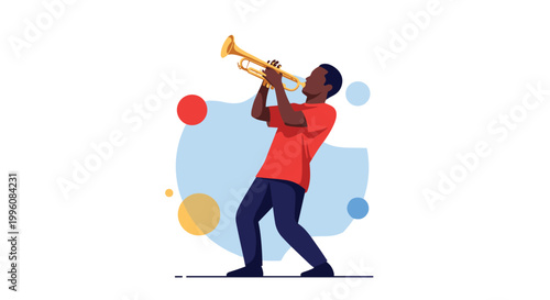 Black musician in red shirt playing a golden trumpet against a minimalist background with colorful abstract circular shapes.