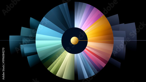 Abstract circular color spectrum wheel with gradient segments on dark background, close-up