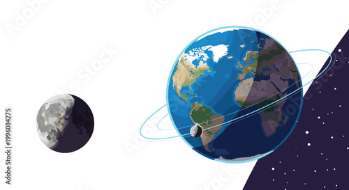 Orbital view of planet Earth and the Moon showing day and night sides with orbital paths against a dark starry space background.