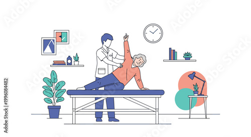 Male physical therapist assisting a senior woman with exercises on a massage table in a bright clinic room with plants.