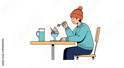 Young person wearing a winter hat and sweater enjoying a sundae in a cafe with a pitcher of water on the table.