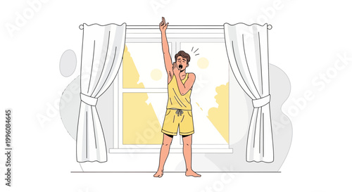 Man yawning and stretching in morning light by window, waking up feeling sleepy