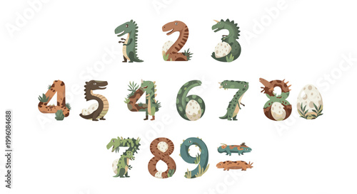 Educational set of numbers from one to nine designed with colorful dinosaur characters and elements for children's learning activities.