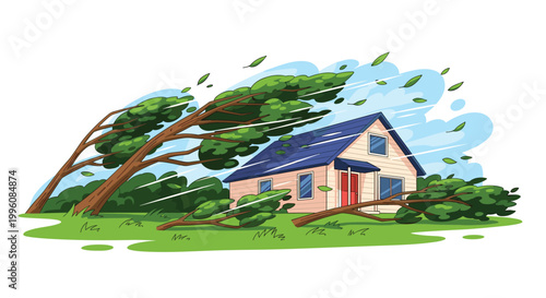 Dramatic illustration of a house being hit by a severe storm with high winds bending large trees and blowing debris around.