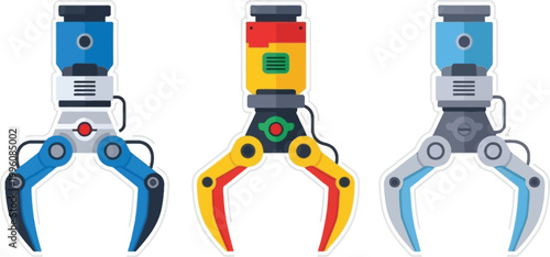 Robotic Claw Machine Arm Set with Different Colors Industrial Gripper Robot Hands for Automation, Manufacturing, and Technology Vector Illustration