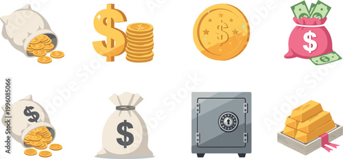 Cartoon Money and Finance Icon Set with Gold Coins Dollar Bags Safe Box and Gold Bars on White Background for Business Wealth Design