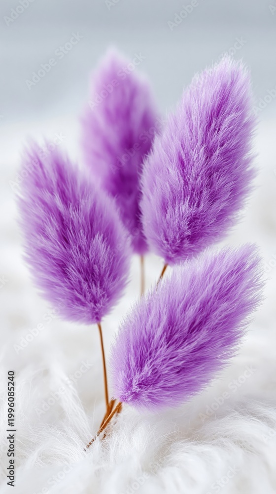 Obraz premium Purple bunny tail stems standing on soft white faux fur
