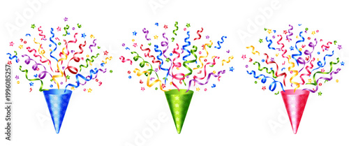 Vector exploding realistic party popper with colorful ribbons and confetti. Decor for invitation, greeting card, banner for anniversary or birthday.