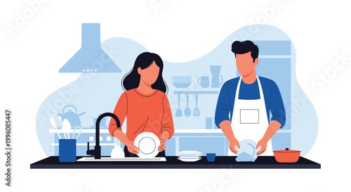 Man and woman working together at a kitchen sink to wash and dry dishes in a minimalist blue-toned illustration.
