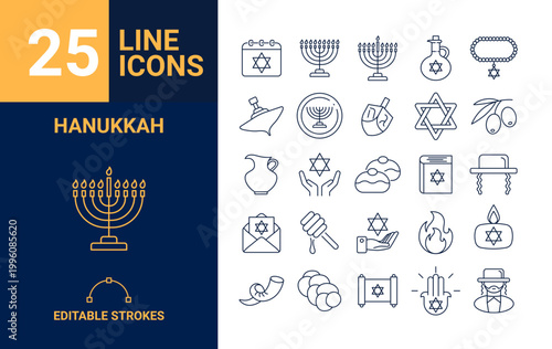 Set of 25 Hanukkah line icons editable strokes Jewish holiday symbols pack