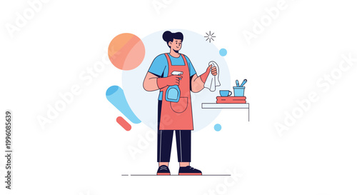 Female cleaning professional in an apron and gloves holding a spray bottle and cloth to wipe a surface in a tidy home.