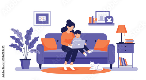 Mother and her young son sitting comfortably on a purple sofa using a laptop together in a cozy and modern living room.