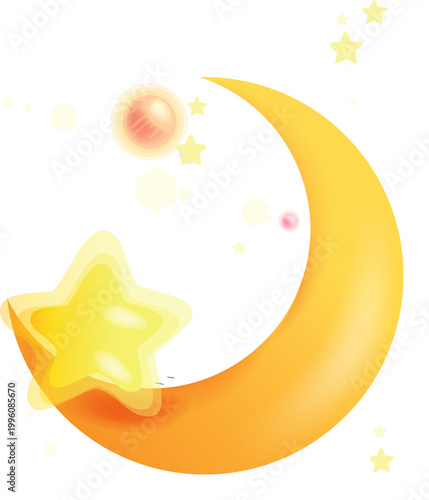 Cartoon style yellow crescent moon and star on a transparent background