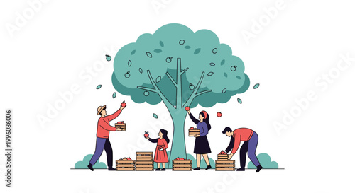 People working together to harvest ripe red apples from a large green tree in a sunny orchard setting during autumn.