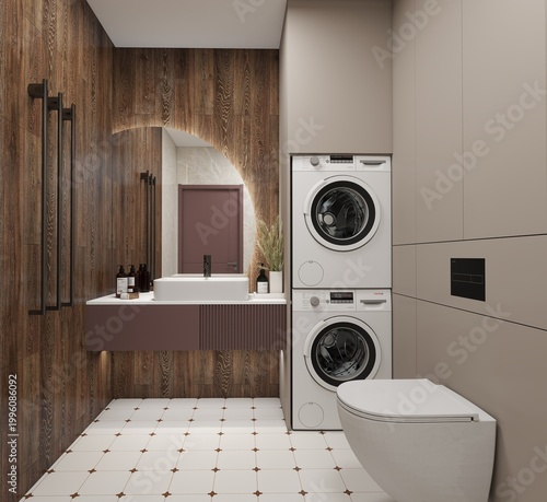 Modern bathroom-laundry combo with stacked washer and dryer, mauve floating vanity, wall-mounted toilet, backlit mirror, wood walls, white tiles with brown diamonds, black fixtures. Cozy spa-like atmo