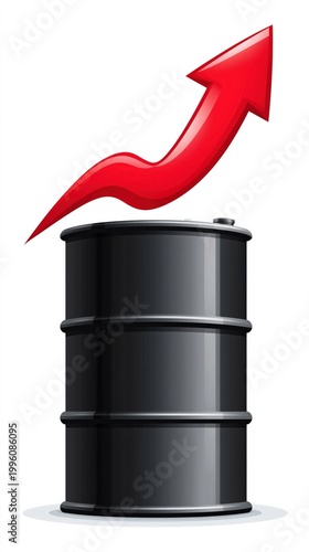 Oil barrel with upward arrow indicating price increase on white