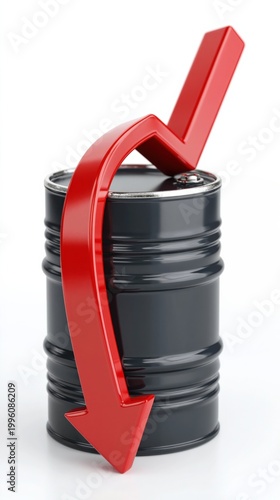 Single oil barrel with red downward arrow on white background