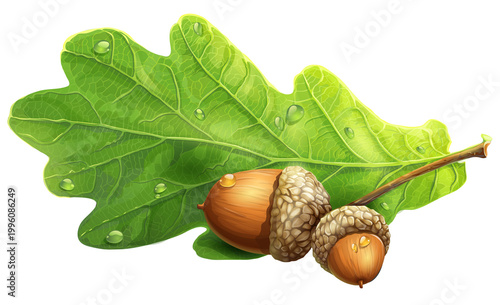 Single large green oak leaf with two brown acorns and water droplets on a white background