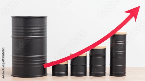 Stacked oil drums with rising arrow on wooden surface