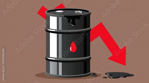 Oil barrel leaking with red decline arrow on flat background