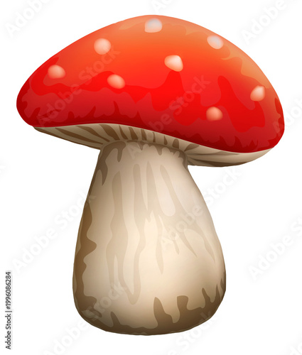 Single red mushroom with white spots on the cap isolated on a white background, for forest themes
