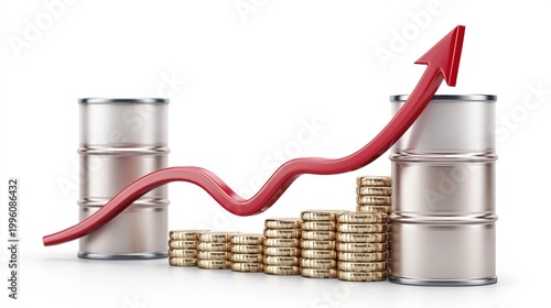 Oil barrels and coin stacks indicating rising market trend studio