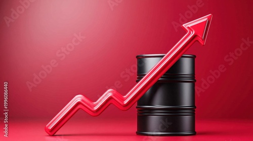 Oil barrel with rising red arrow on red studio backdrop