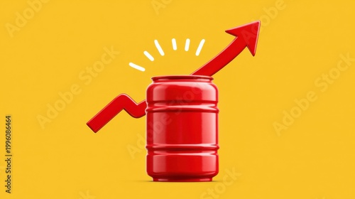 Red oil barrel indicating rising trend on yellow background studio