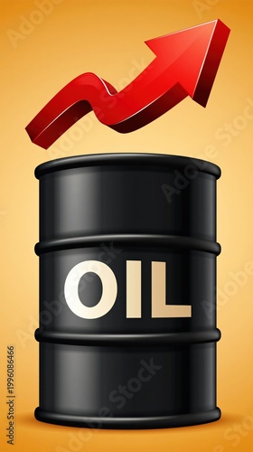 Black oil barrel labeled oil with red upward arrow overhead