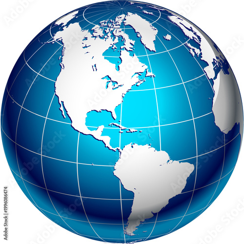 Stylized blue globe with white continents and white grid lines on a black background