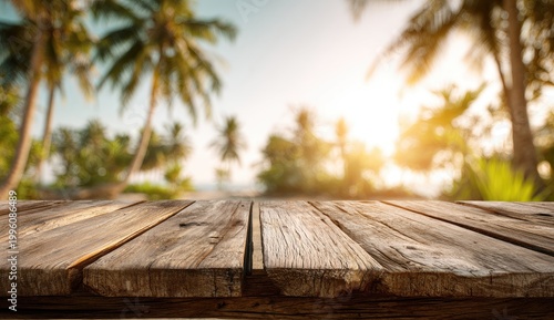 Rustic Wooden Table with Tropical Palm Trees and Golden Sunset.