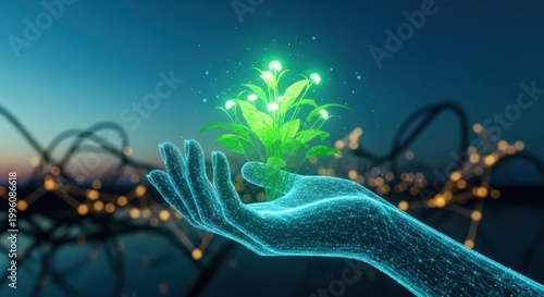 Digital Hand Holding Glowing Plant Futuristic Nature and Technology Concept.