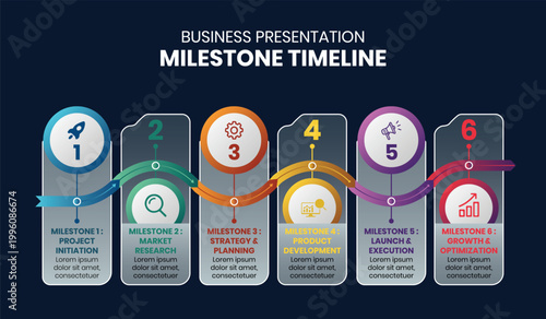 Business Milestone Timeline Infographic Template, 6 Step Process Flow, Corporate Strategy Roadmap, Project Development Stages CMYK