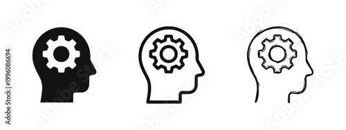 Human mind thinking icons set. Profile head with gear wheel for logic, intelligence, and brain process.