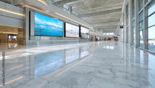 Modern Airport Terminal Interior with Large Digital Screens and Natural Light.