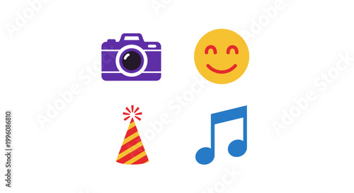 Colorful icons of camera smiley music.