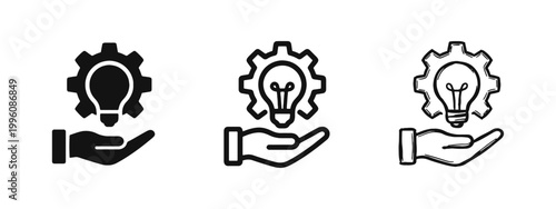 Idea innovation icons set. Hand holding light bulb and gear for creativity, problem solving and development.