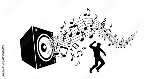 Man dancing to music notes sound.