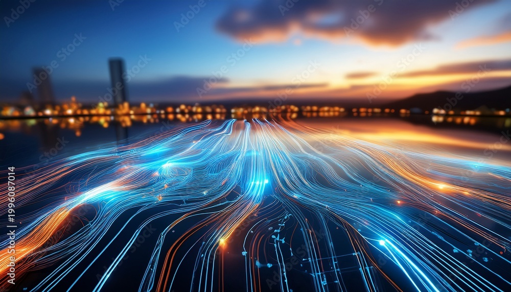 Obraz premium glowing trajectories spanning a reflective surface symbolizing global transactions network latency and seamless fintech connectivity