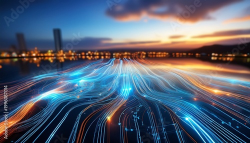 glowing trajectories spanning a reflective surface symbolizing global transactions network latency and seamless fintech connectivity