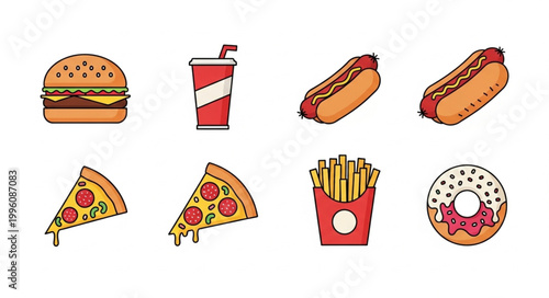Collection of delicious fast food icons and illustrations.
