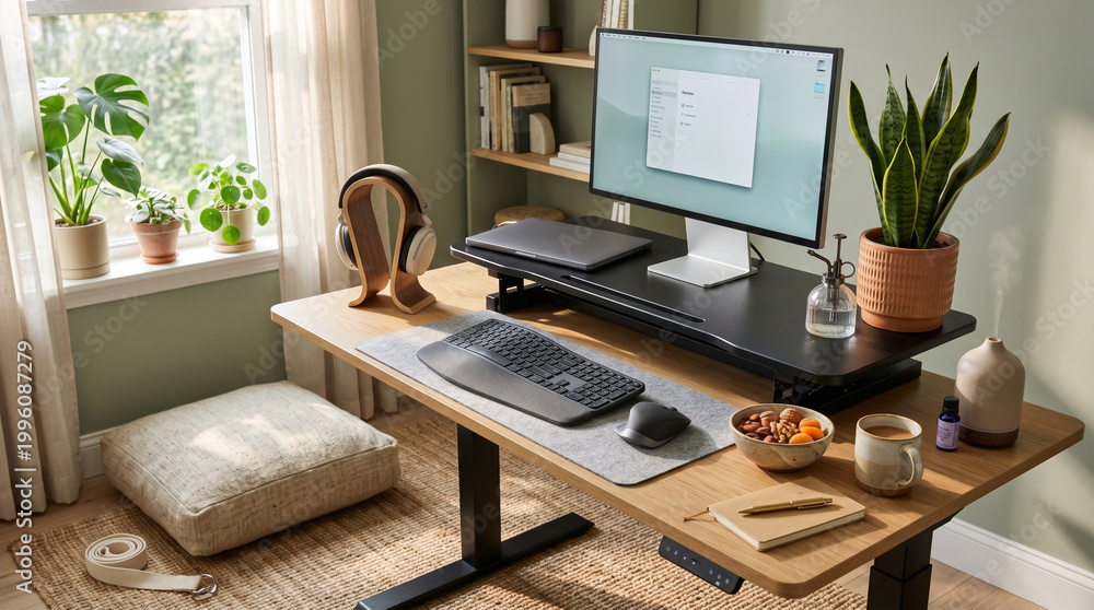 Fototapeta premium Holistic Workspace Setup with Standing Desk Meditation Cushion and Wellness Essentials in Soft Morning Light