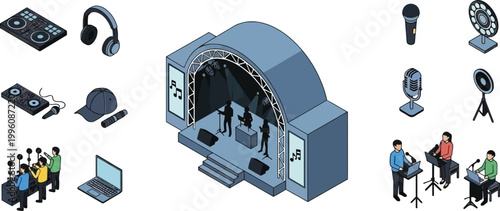 Music Concert and Audio Equipment Vector Set with Stage, DJ Gear, Microphones, Studio Setup, and Live Performance Elements for Entertainment Design
