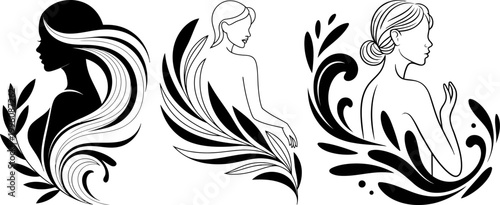 Set of beautiful woman silhouettes with floral elements