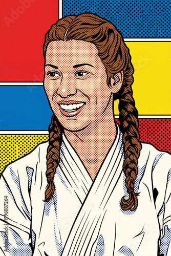 Smiling female martial artist in white gi with braided hair. Vintage pop art comic style illustration. Aikido, judo, karate and athletic confidence concept.