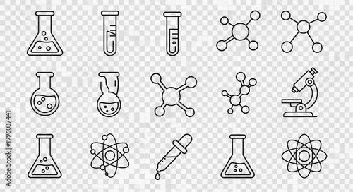 Collection of science and chemistry icons including flasks and molecules.