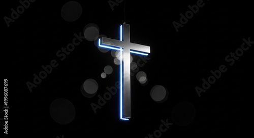 Illuminated Silver Cross Against a Black Background Symbol of Faith and Spirituality.