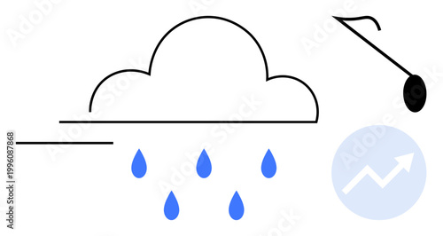 Weather forecasting, rain prediction, business growth, trends analysis, data visualization, environmental impact. Cloud with rain and upward arrow graph. Weather forecasting and business growth