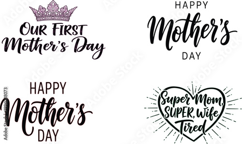 Charming mother's day typography collection celebrating first times and super moms with heartfelt designs